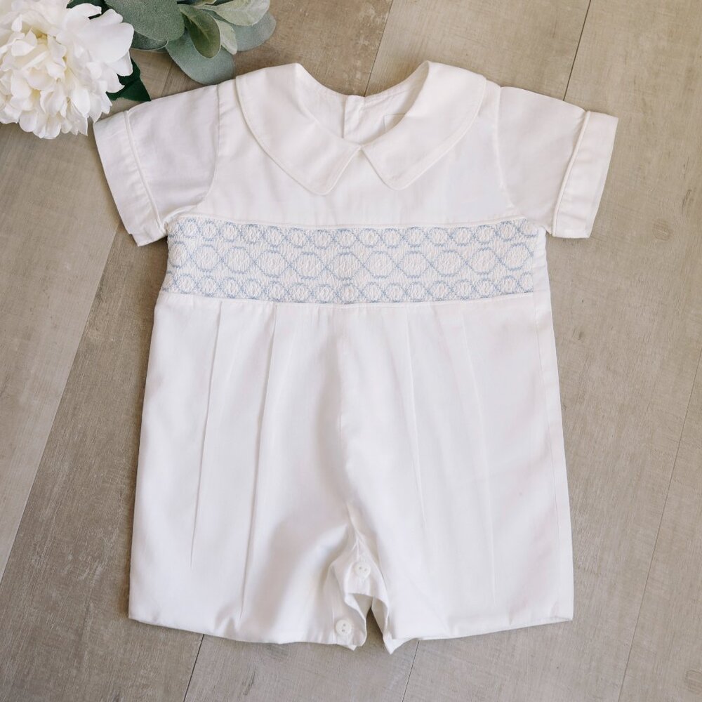 Strasburg Smocked Heirloom Romper Shortall Blue Embroidery RARE FIND